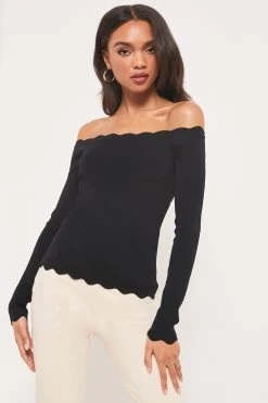 Lipsy Scallop Long Sleeve Bardot Knitted Top