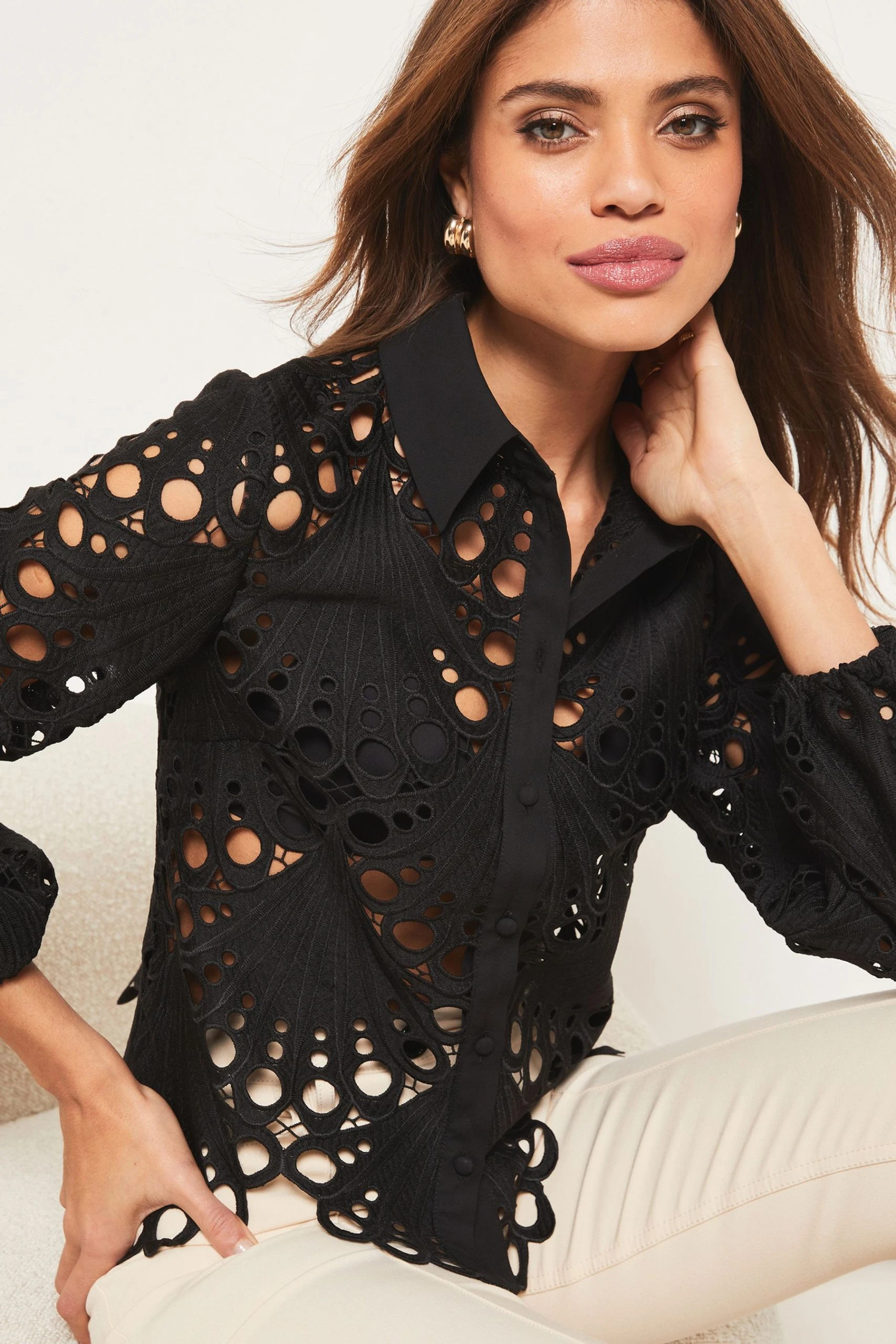 Lipsy Cutwork Lace Long Sleeve Shirt - Image 4