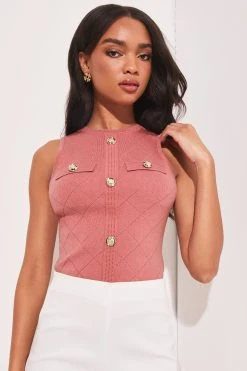 Lipsy Pointelle Quilt Stitch Button Sleeveless Knitted Top