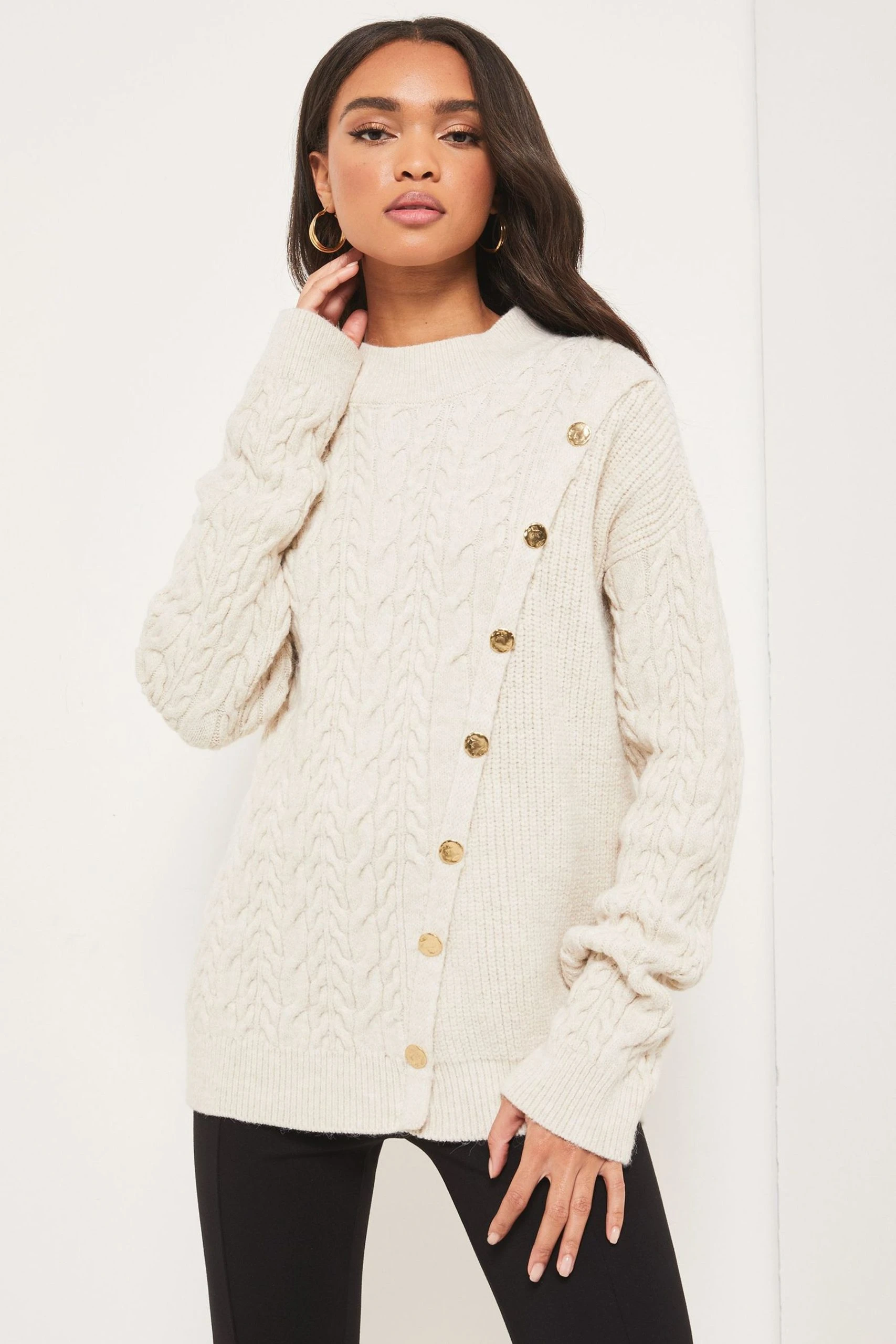 Lipsy Longline Button Cable Knitted Jumper