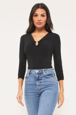 Lipsy Ruched Front Hardware V Neck Long Sleeve Top