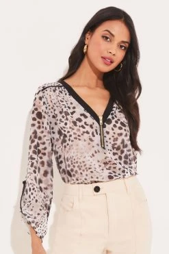 Lipsy V Neck Zip Front 3/4 Sleeve Top