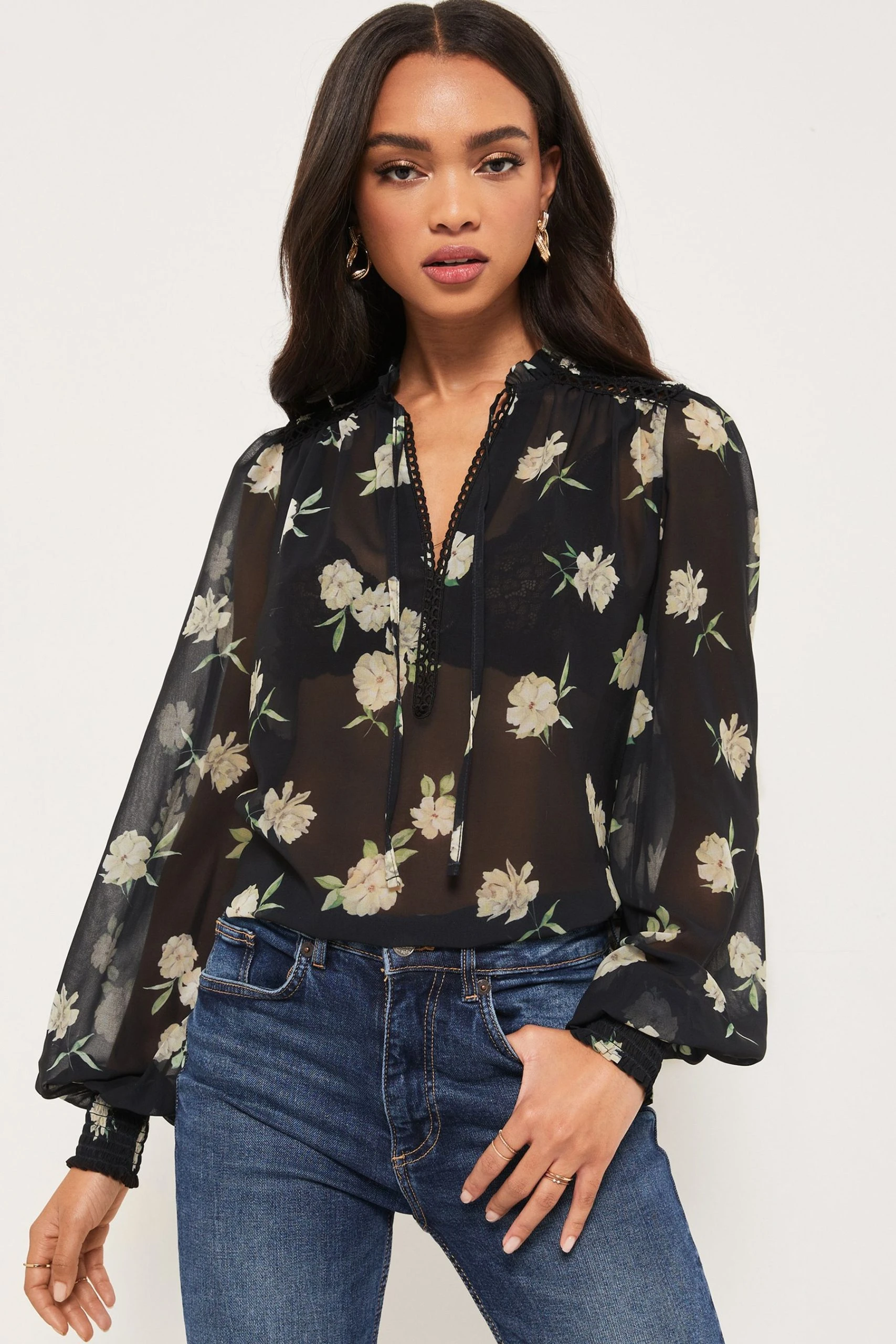 Lipsy Trim Insert Ruffle V Neck Tie Long Sleeve Chiffon Blouse