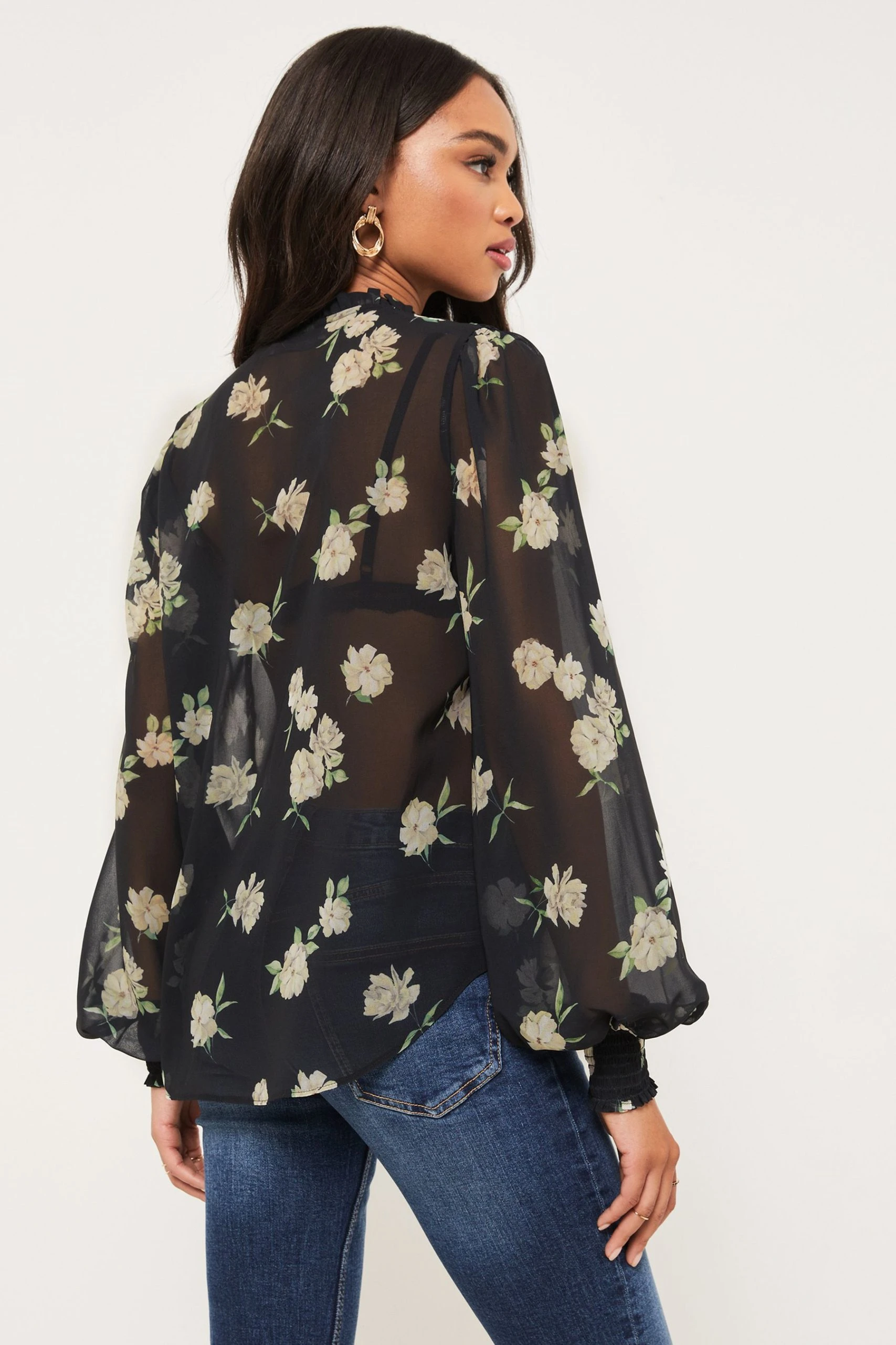 Lipsy Trim Insert Ruffle V Neck Tie Long Sleeve Chiffon Blouse - Image 2