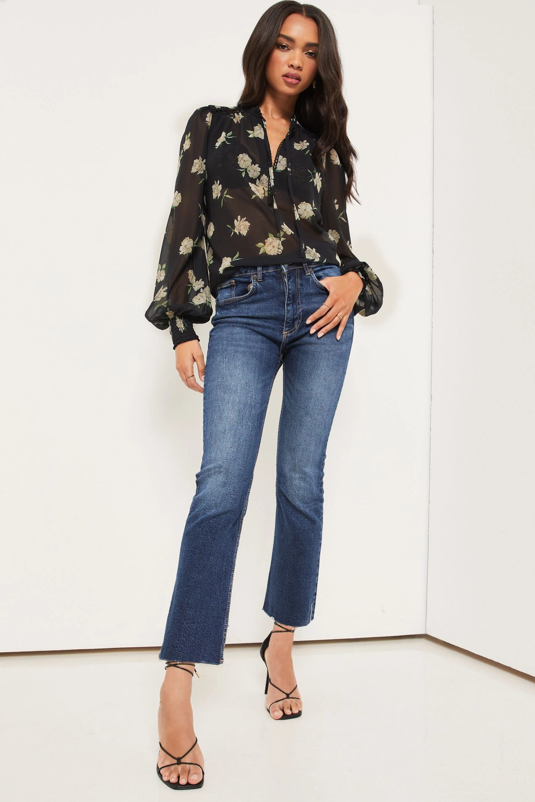 Lipsy Trim Insert Ruffle V Neck Tie Long Sleeve Chiffon Blouse - Image 3