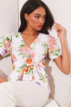 Lipsy Wrap Belted Short Puff Sleeve Top With A Touch Of Linen