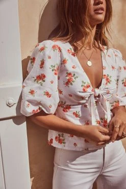 Lipsy Print V Neck Tie Front Puff Sleeve Top With A Touch Of Linen -Next Sales K40839s3