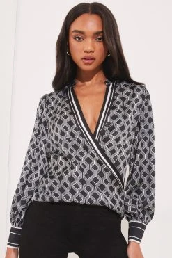 Lipsy Grandad Collar Long Sleeve Wrap Blouse