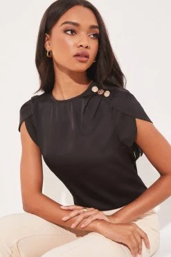 Lipsy Tulip Sleeve Round Neck Button Detail Satin Top