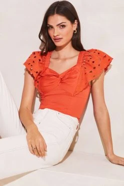 Lipsy Broderie Sleeve Twist Front Top