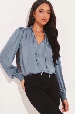 Lipsy Trim Insert Ruffle V Neck Tie Long Sleeve Chiffon Blouse