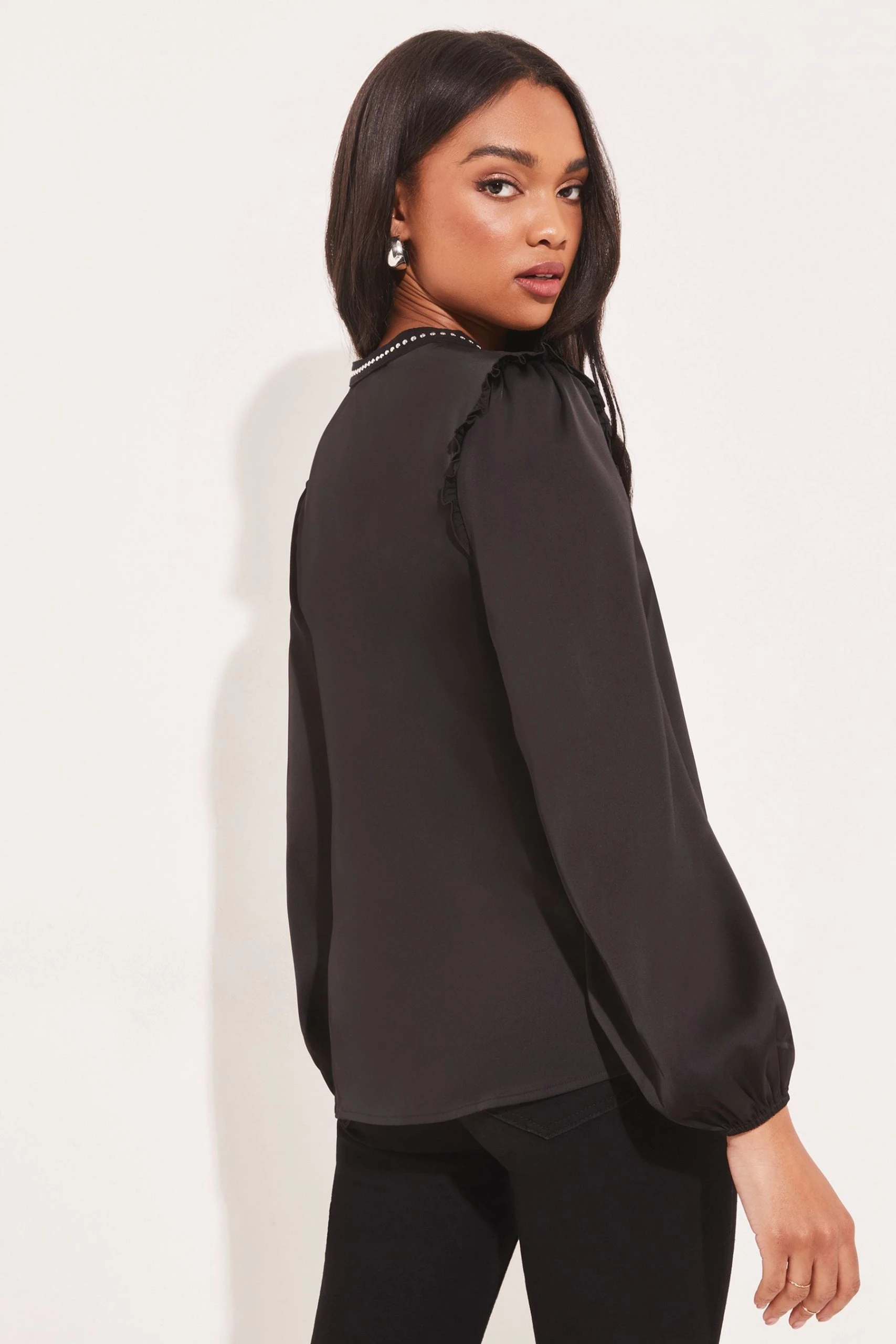 Lipsy Studded V Neck Ruffle Long Sleeve Blouse - Image 2