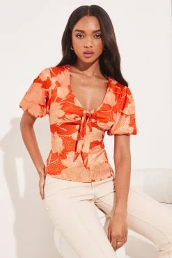 Lipsy Print V Neck Tie Front Puff Sleeve Top With A Touch Of Linen