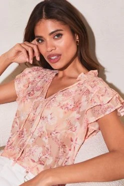 Lipsy Sheer Pretty Frill Neck Tie Ruffle Short Sleeve Shell Top
