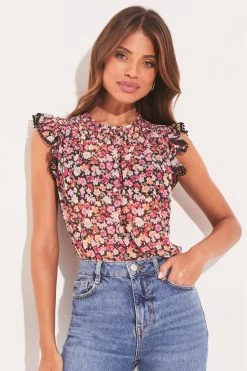 Lipsy Print Shirred Yoke Ruffle Sleeveless Round Neck Top