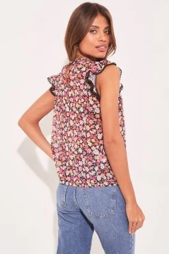 Lipsy Print Shirred Yoke Ruffle Sleeveless Round Neck Top -Next Sales K45137s3