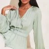 Lipsy Long Sleeved Shirred Waist V Neck Tie Top