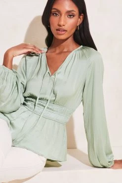 Lipsy Long Sleeved Shirred Waist V Neck Tie Top
