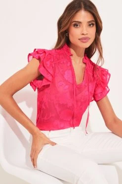 Lipsy Sheer Pretty Frill Neck Tie Ruffle Short Sleeve Shell Top