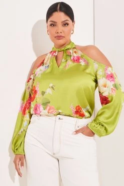 Lipsy Satin Cold Shoulder Keyhole Long Sleeve Top