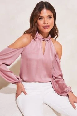 Lipsy Satin Cold Shoulder Keyhole Long Sleeve Top