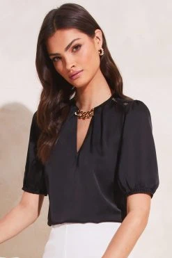 Lipsy Short Puff Sleeved V Neck Chain Trim Top