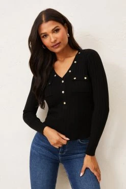 Lipsy Long Sleeve Knitted V Neck Button Jumper