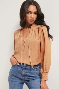 Lipsy Trim Insert Ruffle V Neck Tie Long Sleeve Chiffon Blouse