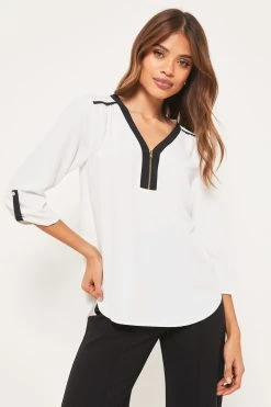 Lipsy V Neck Zip Front 3/4 Sleeve Top