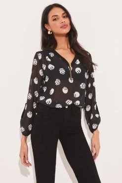 Lipsy V Neck Zip Front 3/4 Sleeve Top