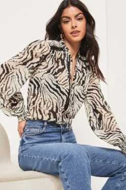 Lipsy Trim Insert Ruffle V Neck Tie Long Sleeve Chiffon Blouse