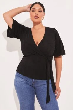 Lipsy Short Flutter Sleeve Tie Waist V Neck Wrap Top