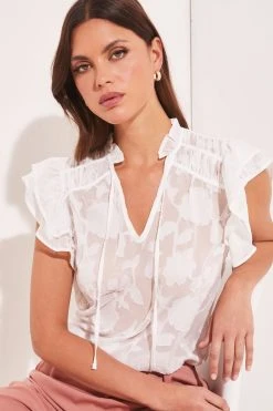 Lipsy Sheer Pretty Frill Neck Tie Ruffle Short Sleeve Shell Top