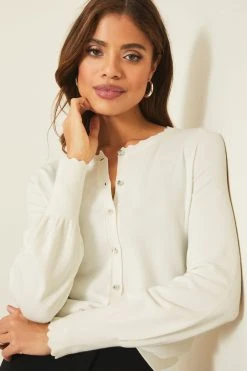 Lipsy Scallop Detail Tipped Crew Neck Button Up Cardigan