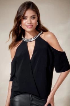 Lipsy Embellished Trim Cold Shoulder Top